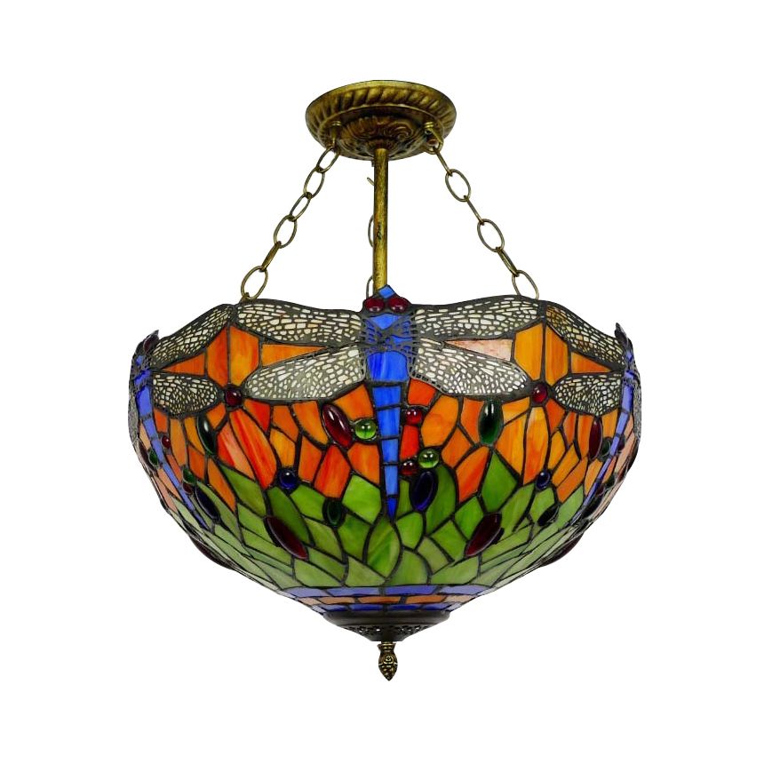 LED de iluminación de techo de estilo barroco, luz de semi-descarga de dragonfly en latón envejecido con sombra de vidrio manchado para dormitorio