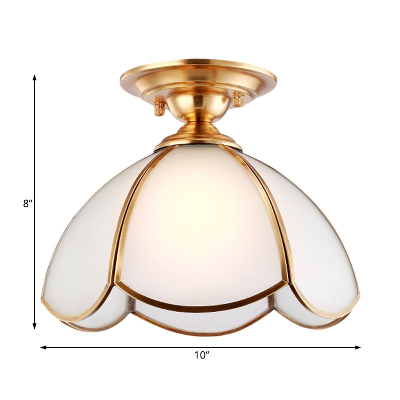 Dome Semi Flush Mount Tradition Opal Glass Brass 1 Bulb Ceiling Light Fixture for Bedroom
