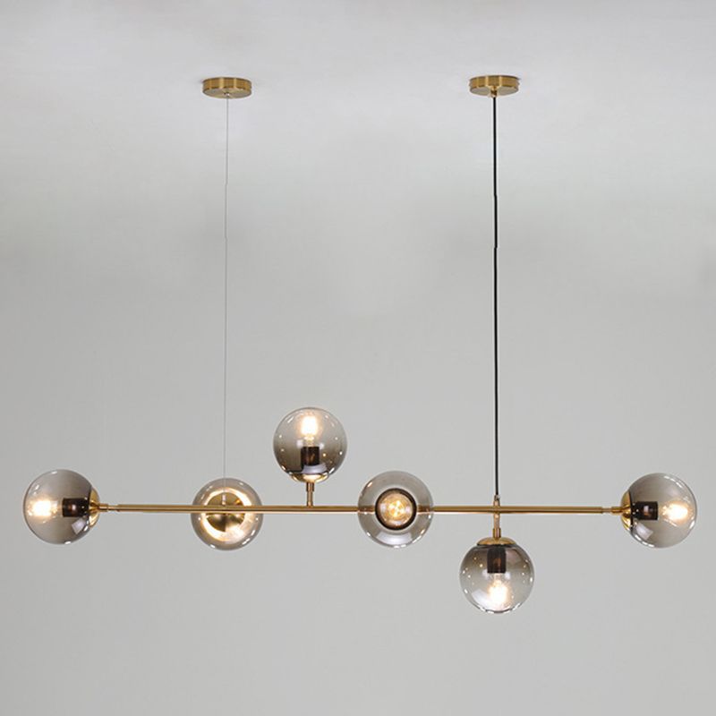 Smoke Grey Glass Globe Pendant Postmodern 6 Bulbs Gold Island Light Fixture for Dining Room