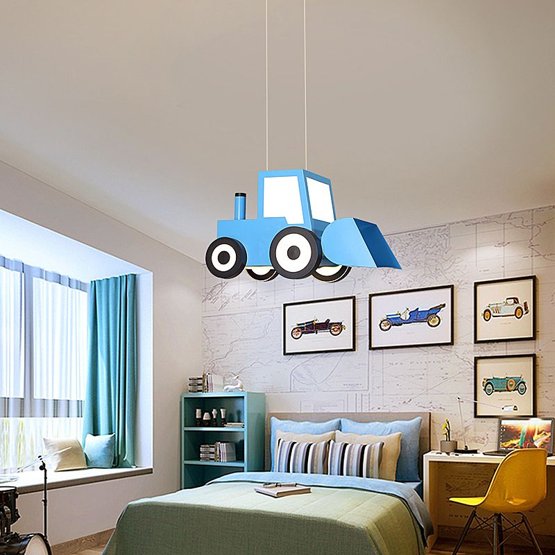 Cartoon Bulldozer LED Chandelier Lamp Metal Boys Bedroom Éclairage en suspension