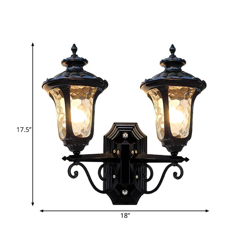 2 Bulbs Wall Mount Light Traditional Urn-Shade Clear Dimple Glass Sconce Lamp in Black