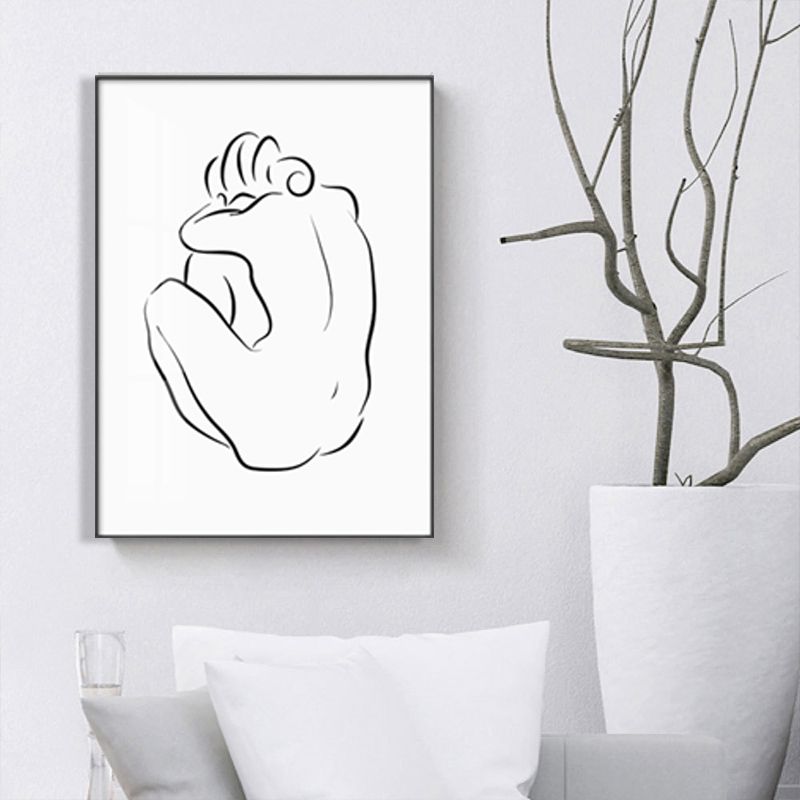 Pencil Seated Figure Pattern Painting Scandinavian Canvas Textured Wall Art in White