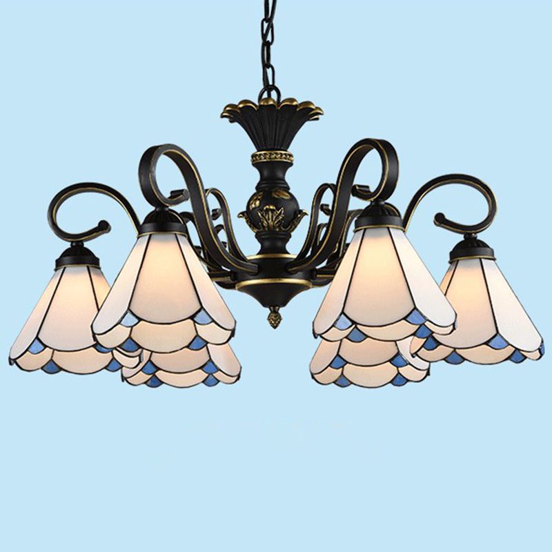 6 têtes CHANDELER DE LA LAMPE DE PROSDE CONICAL MEDITRANANIEN AVEC ARGET SCALLOPED