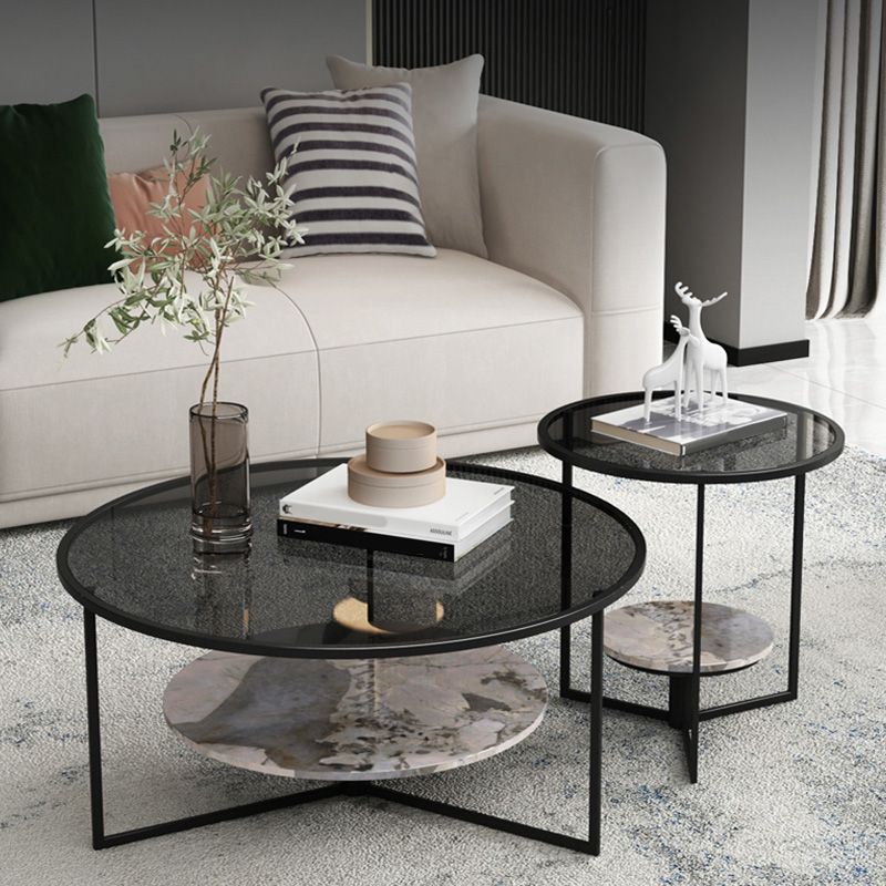 Contemporary Coffee Table Round Glass Top Cocktail Table with Storage