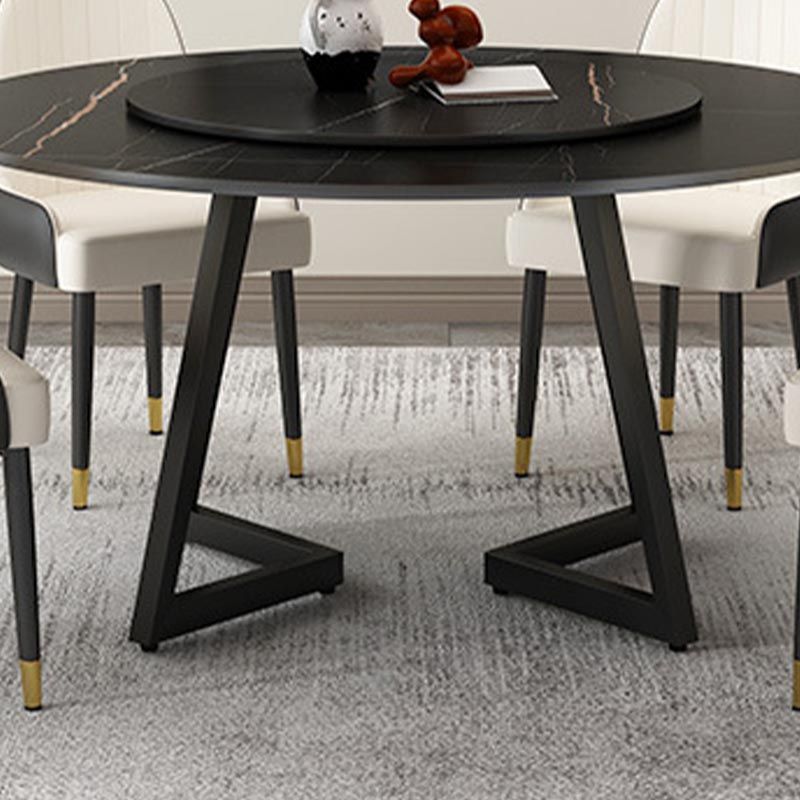 Black Double Pedestal Table Modern Round Stone and Metal Dining Room Table