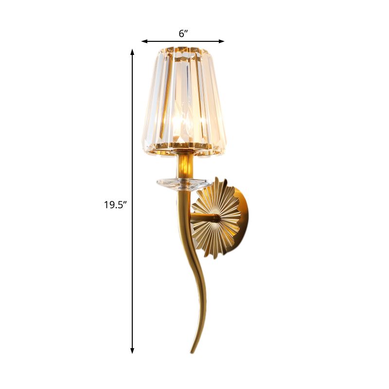 Clear Tapered Shade Wall Light Modern 1 Head Sconce Light Fixture with Crystal Prism in Gold for Stairway