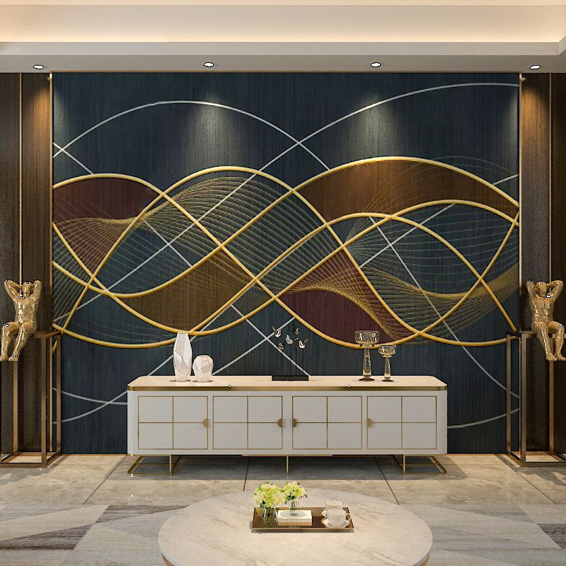 Modern Swirling Line Mural Wallpaper Dark Blue Coffee Shop Wall Covering, Full Size