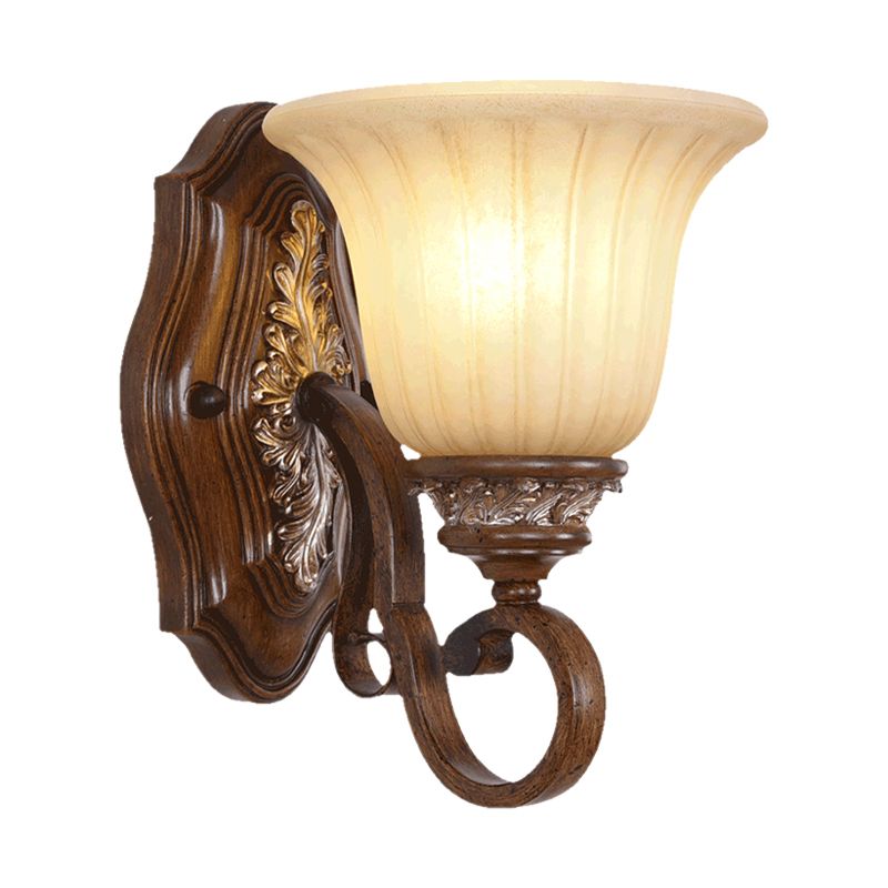 Bell Metal Wall Lighting Traditional 1 Light Dining Room Sconce Light Fixture in Brown with Opal Ribbed Glass Shade