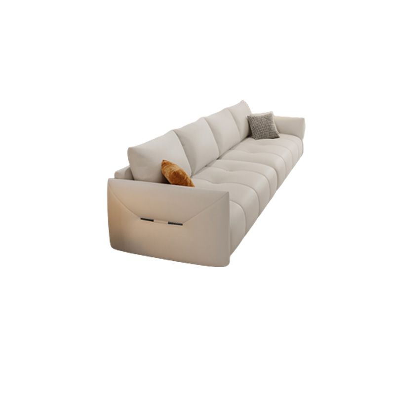 Modern Genuine Leather Square Arm Sofa White Sofa with Bolster Pillows