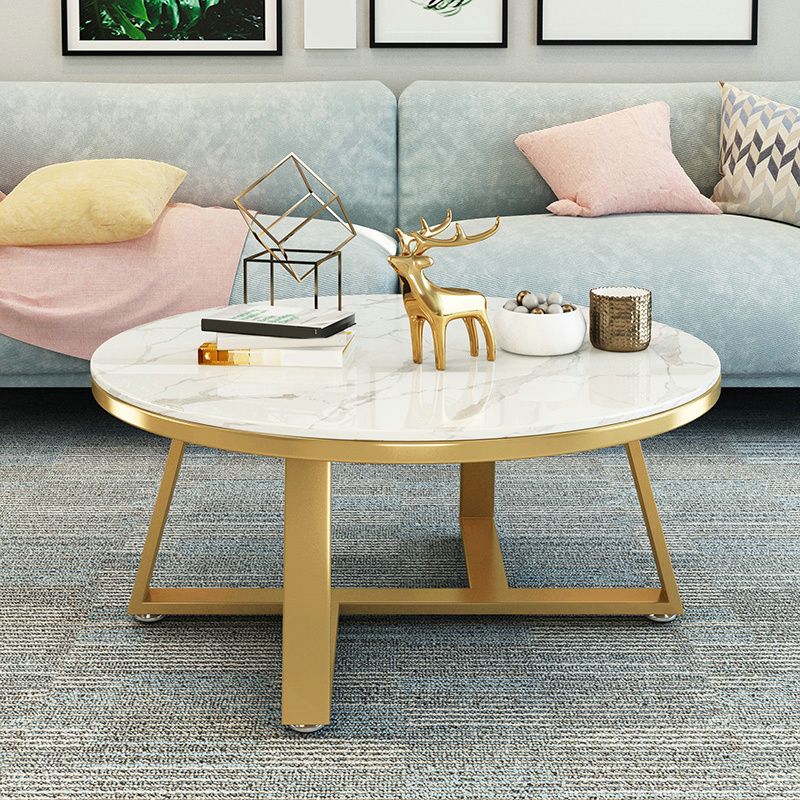 Glam Cross Legs Coffee Table Faux Marble Round Cocktail Table