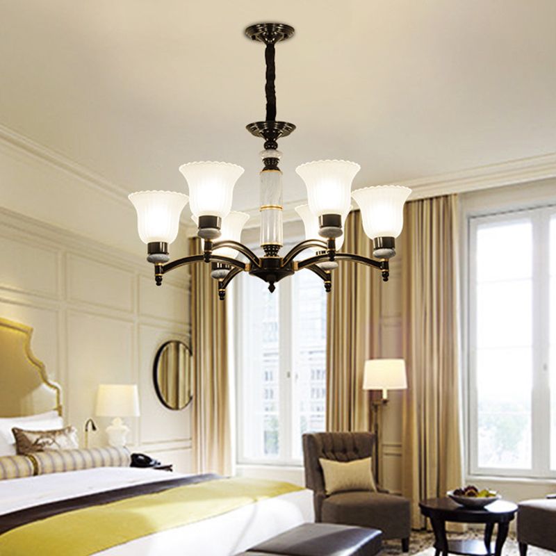 Ribbed Frosted Glass Flared Chandelier Vintage Bedroom Pendant Light with Scalloped Edge in Black