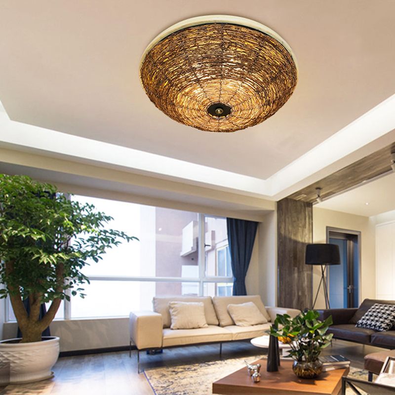 Bowl Flush Ceiling Lamp Tradition Rattan Wood 3 Bulbs Ceiling Light Fixture, 12.5"/16.5" Wide