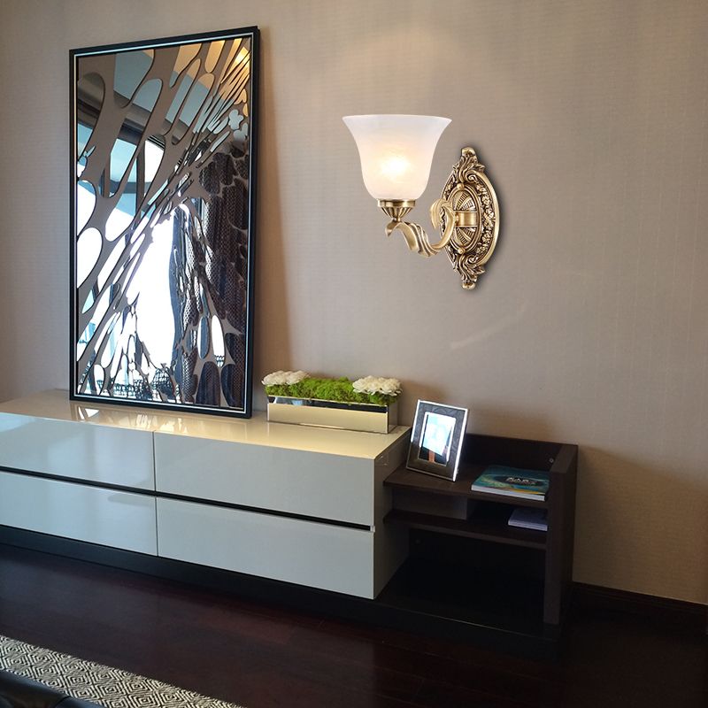 Floral Stairway Wall Sconce Vintage Style Metal 1 Light Gold Wall Mount Lamp with Opal Glass Shade