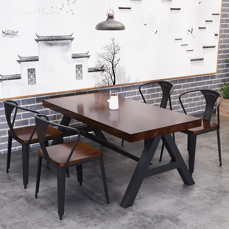 Industrial Solid Wood Dining Table Brown Rectangle Table with Trestle Base for Dinning Room