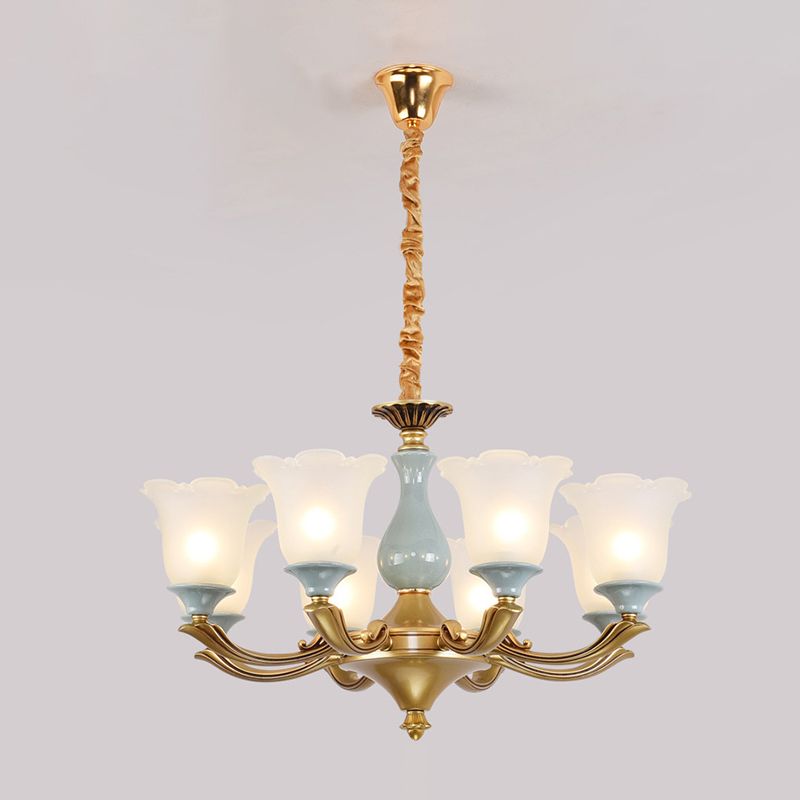 Frosted Glass Blue Chandelier Lighting Flared Classic Pendant Light with Ruffled Edge for Living Room
