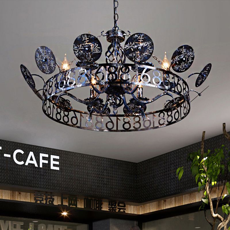 6-Light Wagon Wheel Chandelier Light Traditional Black Metal Suspension Pendant for Cafe