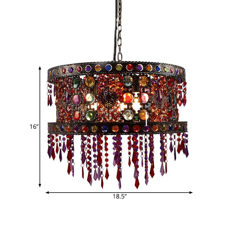 Drum Living Room Ceiling Chandelier Bohemian Metal 3 Lights Bronze Hanging Lamp Kit with Crystal Accent