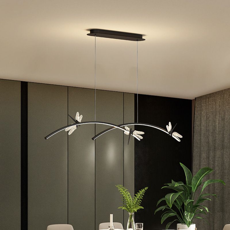 Curve Linear LED Island Pendant Minimalist Metal Restaurant Ceiling Light with Dragonfly Decor