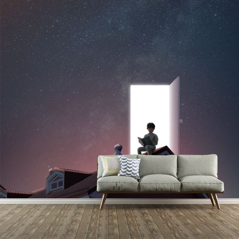 Mystic Boy Reading Mural Wallpaper for Bedroom Time Travel Wall Decor, Custom Print