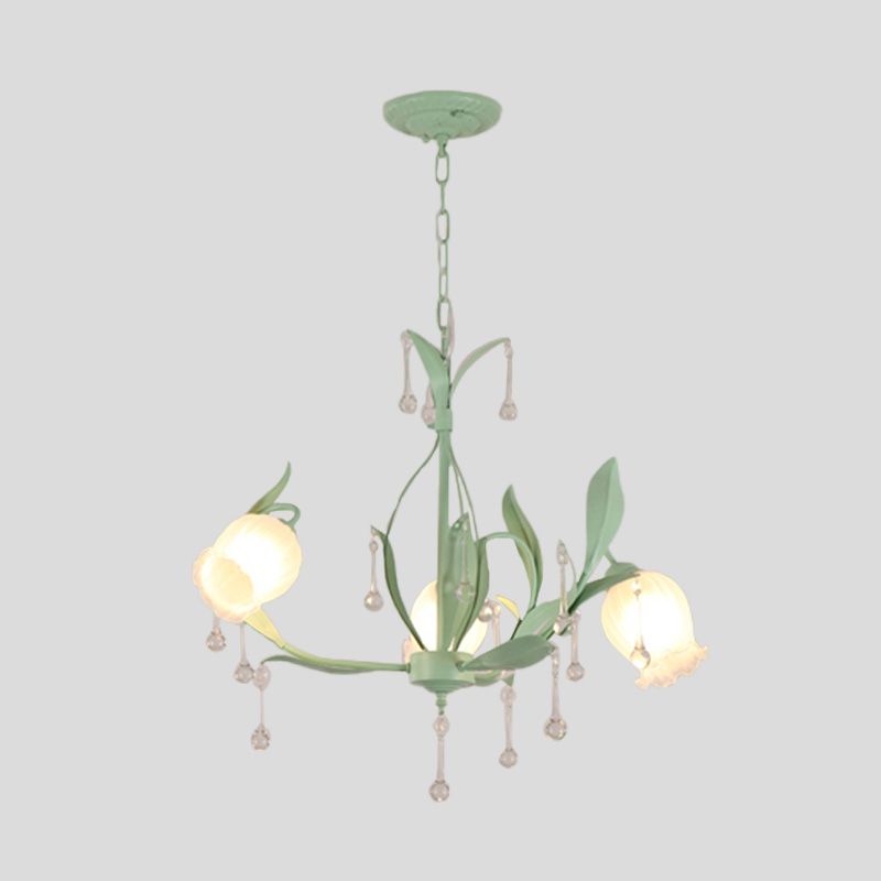 Korean Garden Floral Chandelier Light 3/6/8 Bulbs Opaline Glass LED Pendant Lighting in Pink/Green for Living Room