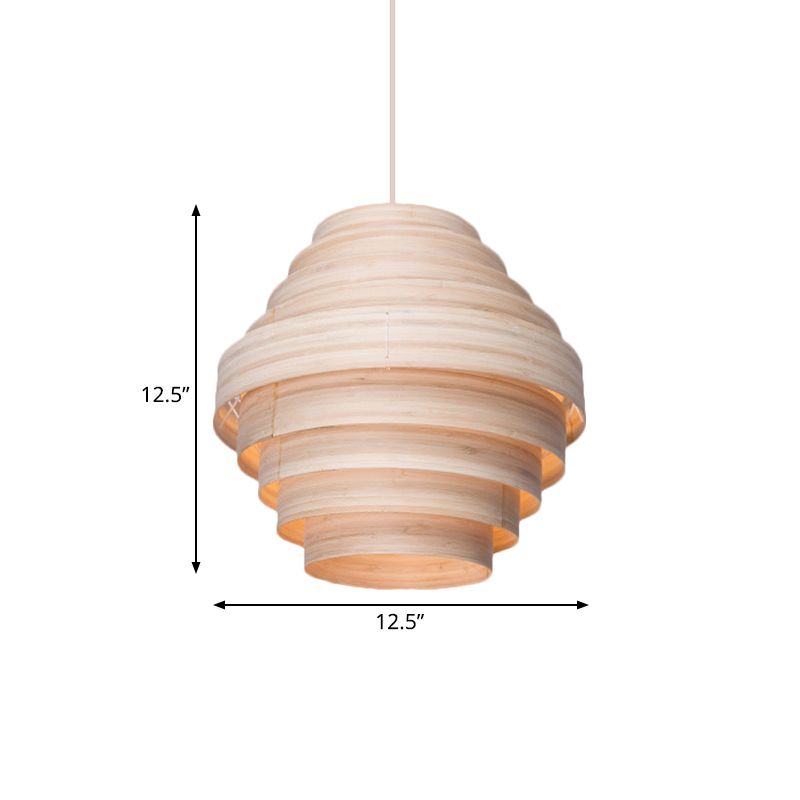 Modern Tiered Suspension Pendant Wooden 1-Light Living Room Hanging Ceiling Light in Natural Wood
