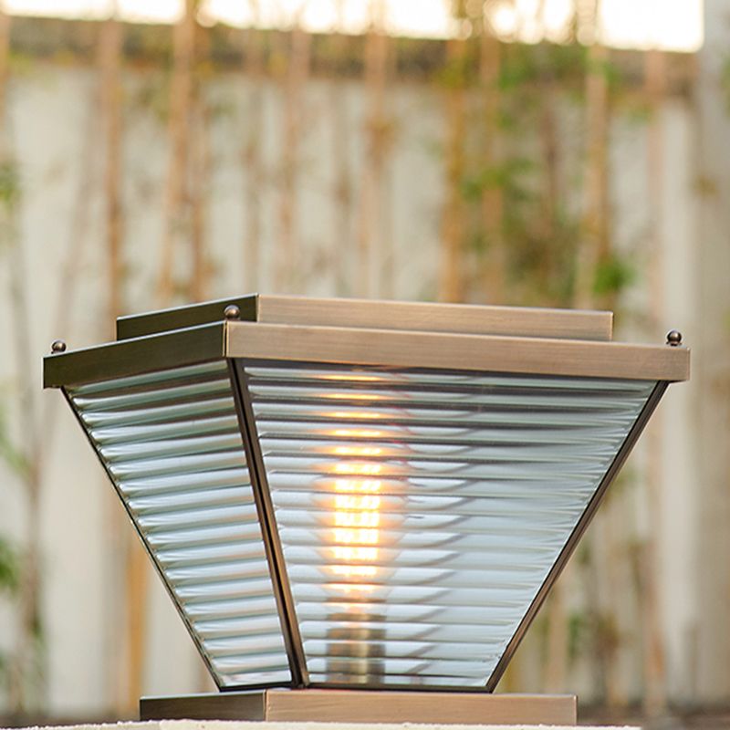 1-Light Solar Energy Pillar Lamp Brass Outdoor Light with Glass Shade for Garden