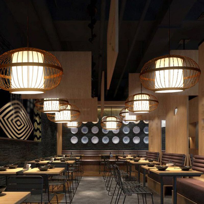 Coffee Finish Cage Hanging Lamp Contemporary Single-Bulb Bamboo Suspension Light