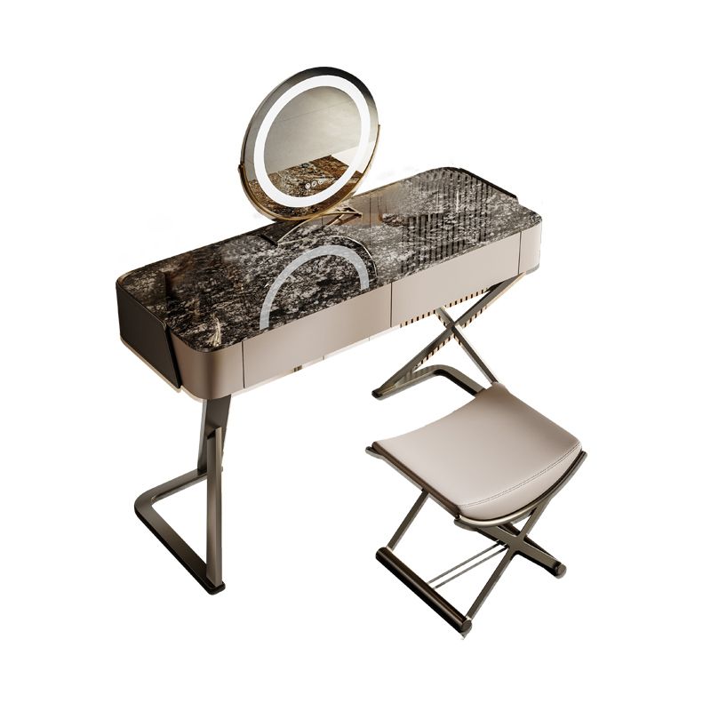Slate Vanity Table 2-Drawer Stool Vanity Set with Lights Mirror
