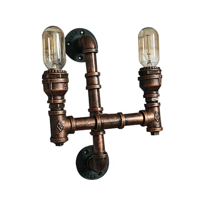 Warehouse Water Pipe Wall Sconce Lamp with Exposed Bulb 2/3 Lights Iron Wall Light Fixture in Weathered Copper