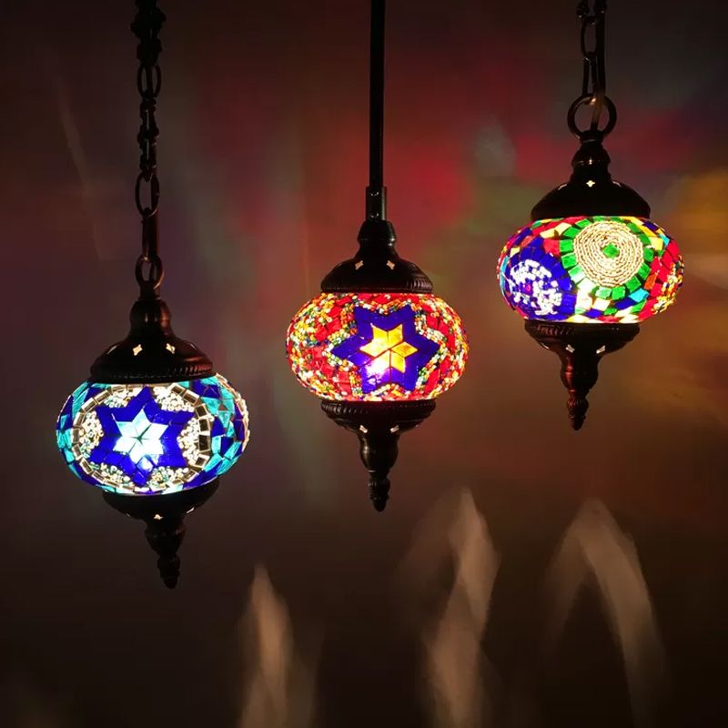 Traditional Oval Cluster Pendant Light 3 Heads Hand Cut Glass Hanging Light in Red/Yellow/Orange