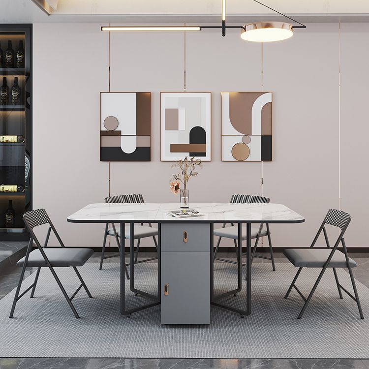 Modern Style Rectangle Dining Table Sintered Stone Drop-Leaf Dining Table with Black Frame