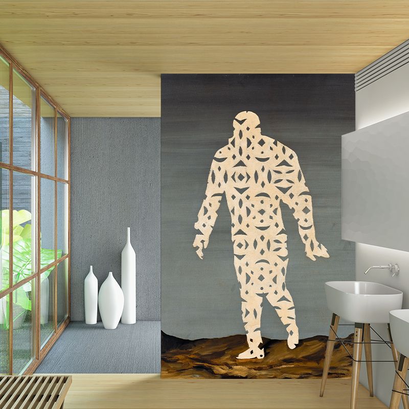 Surreal Paper-Cut Man Murals in Grey-Yellow Living Room Wall Decoration, Made to Measure