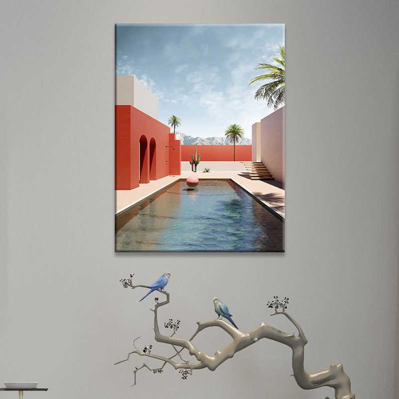 Décoration murale de bâtiment et d'arbre, impression sur toile texturée contemporaine en couleur douce pour chambre à coucher