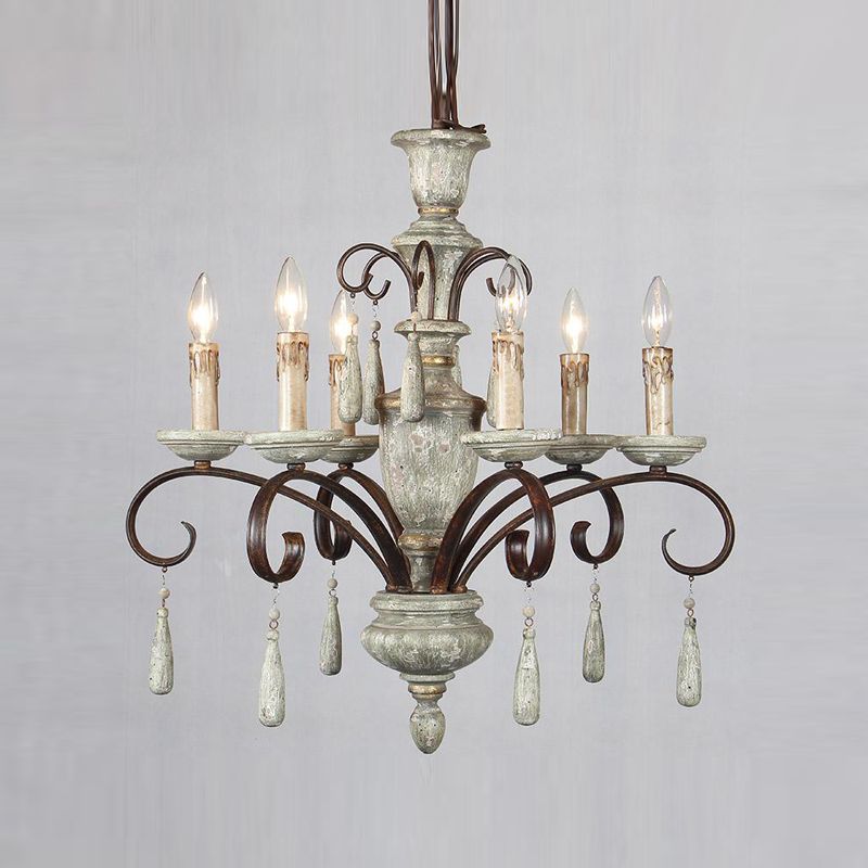 Wood Metal Hanging Chandelier Candle 6 Light Chandelier Lighting for Living Room