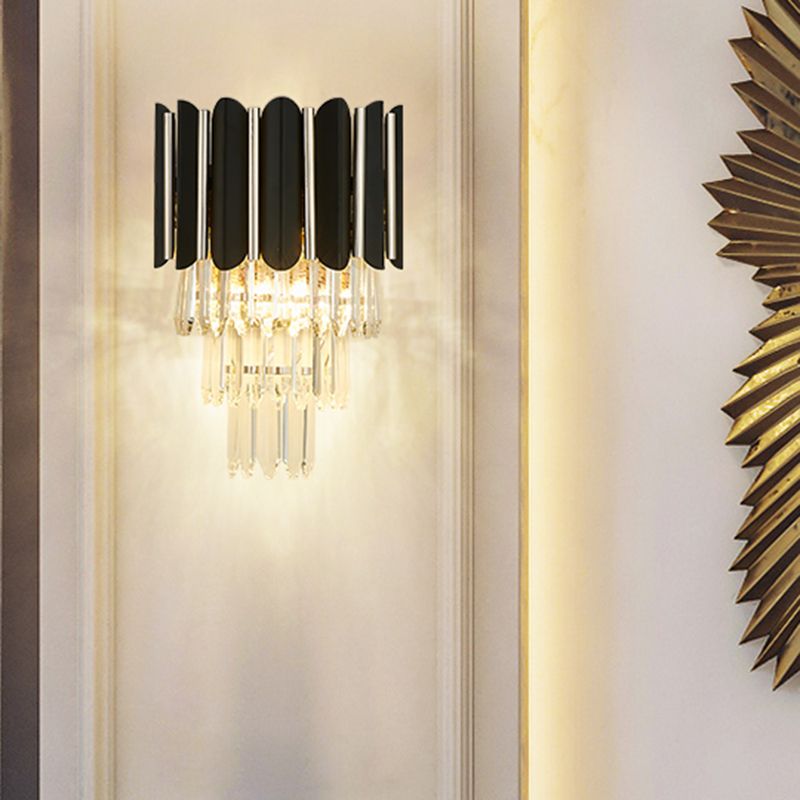 Tiered Wall Mounted Lighting Modern Clear Crystal 2 Lights Wall Sconce Light in Black