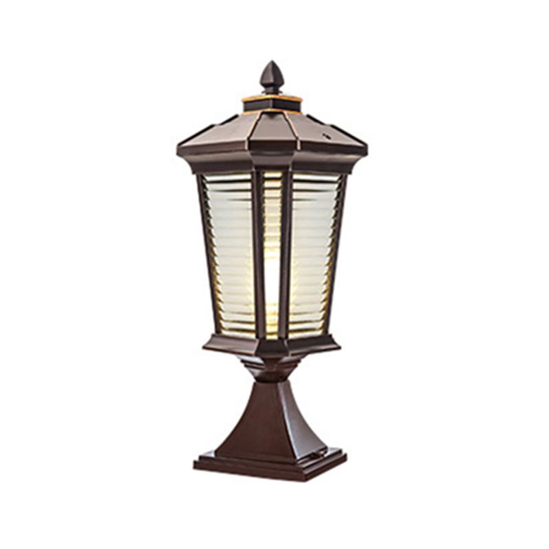 Metal Contemporary Pillar Lamp Pavilion Shape Outdoor Waterproof Light with Glass Shade