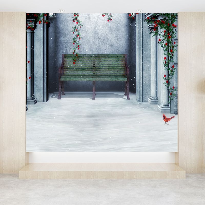 Winter Backyard Mural Decal Contemporay Non-Woven Textured Wall Covering in Green