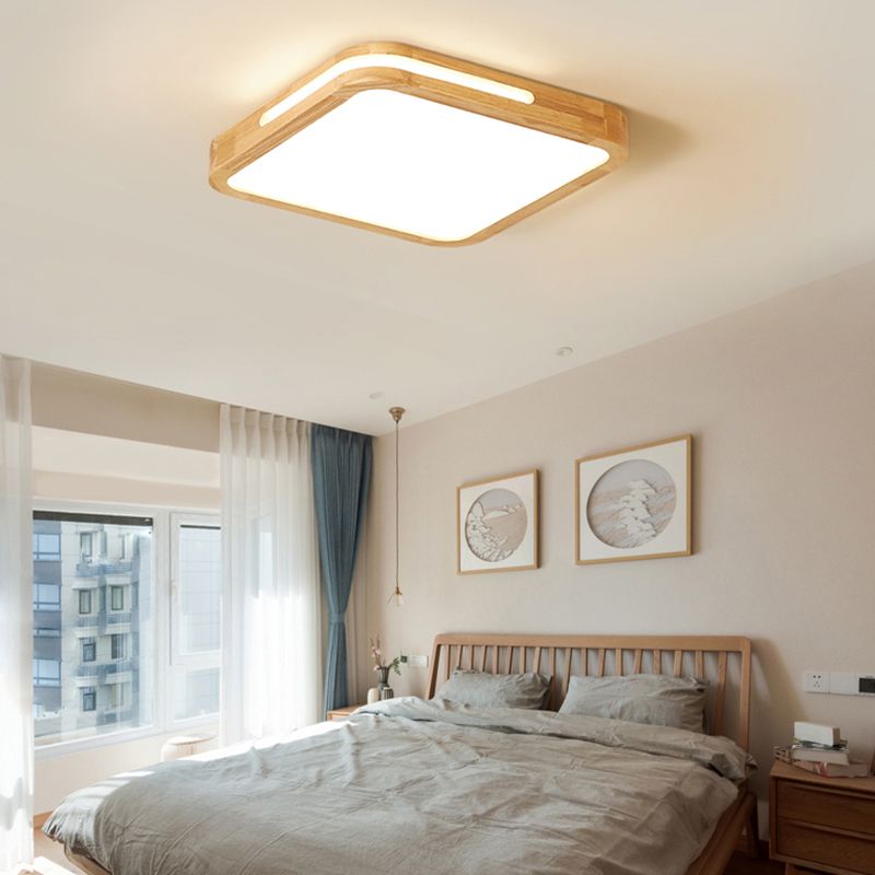 Quadratische, bündige Deckenleuchte aus Holz und Acryl, Hotel-LED-Deckenleuchte im japanischen Stil, 16"/19,5" breit, in Beige