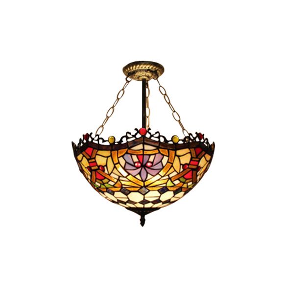 12"/16" Wide Victorian Design Bowl Ceiling Fixture Tiffany Style Stained Glass Semi Flush Mount Light in Red/Purple/Brass/Orange-Blue/Orange-Purple for Villa