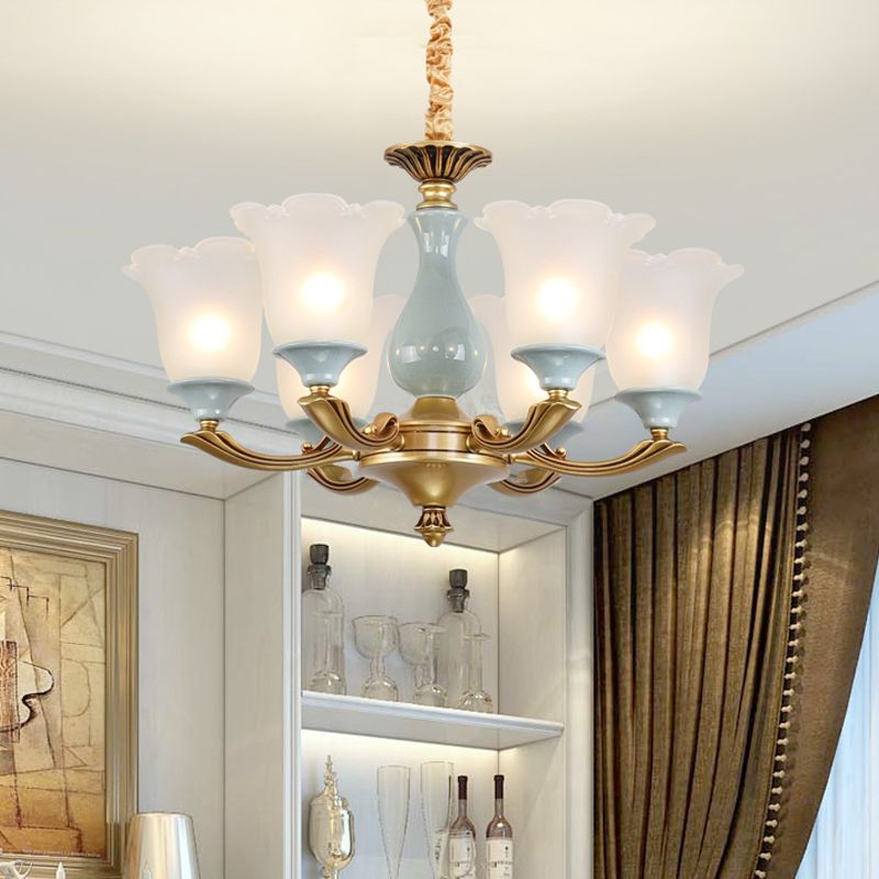 Gold 6 Bulbs Pendant Lighting Rural Style Frosted Glass Flower Ceiling Chandelier for Dining Room