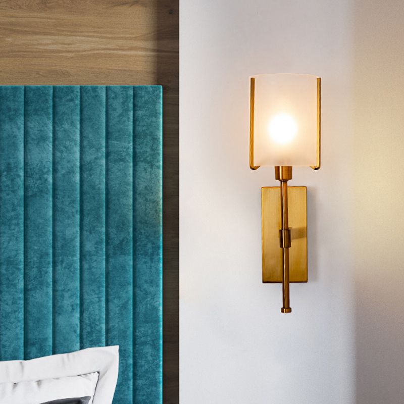 1 Head Cylinder Wall Lighting Modern Frosted Glass Sconce Light Fixture in Gold with Metal Pencil Arm