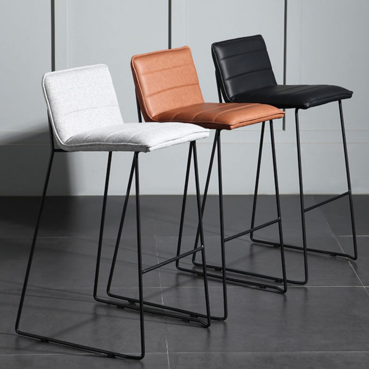 Contemporary Upholstered Armless Bar Stool with Black Metal Base