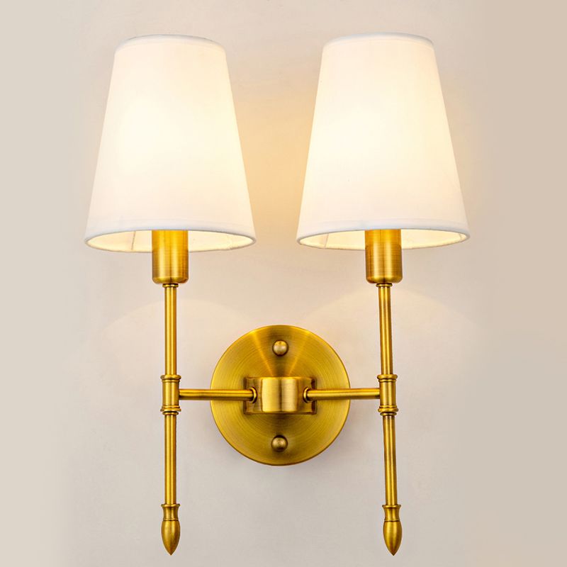 Gold Modern Metal Wall Sconce Cone Shape Wall Light with Fabric Shade for Bedroom