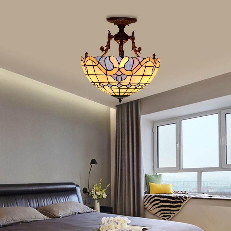 Cupola Semimontaggio Illuminazione Tiffany Beige / Light Blue Glass 3 Luci Bronzo Soffitto Luce Fissaggio per Living Room