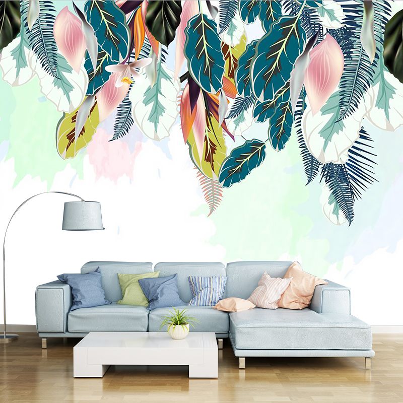 Plant Leaf Petals Mural Tropical Smooth Surface Wall Covering in Pink-Green, Non-Woven