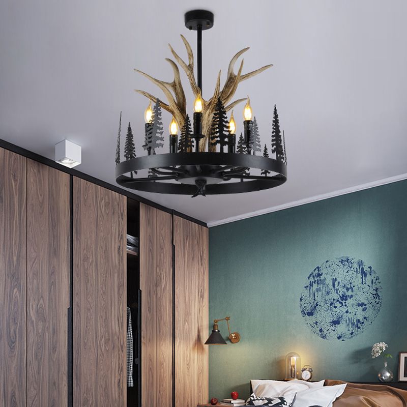 Metal Black Ceiling Chandelier Candle 5 Heads Farmhouse Hanging Pendant Light with Wheel Design