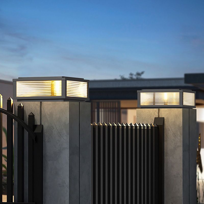 Metal Rectangle Shape Solar Pillar Lamp Modern 1 Light Outdoor Waterproof Light in Black