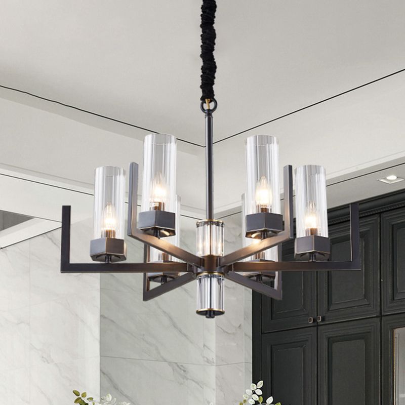 Zwarte radiale kroonluchter vintage metalen 6-bulb eettafel suspensie hanglamp met fluit prismatische glazen schaduw