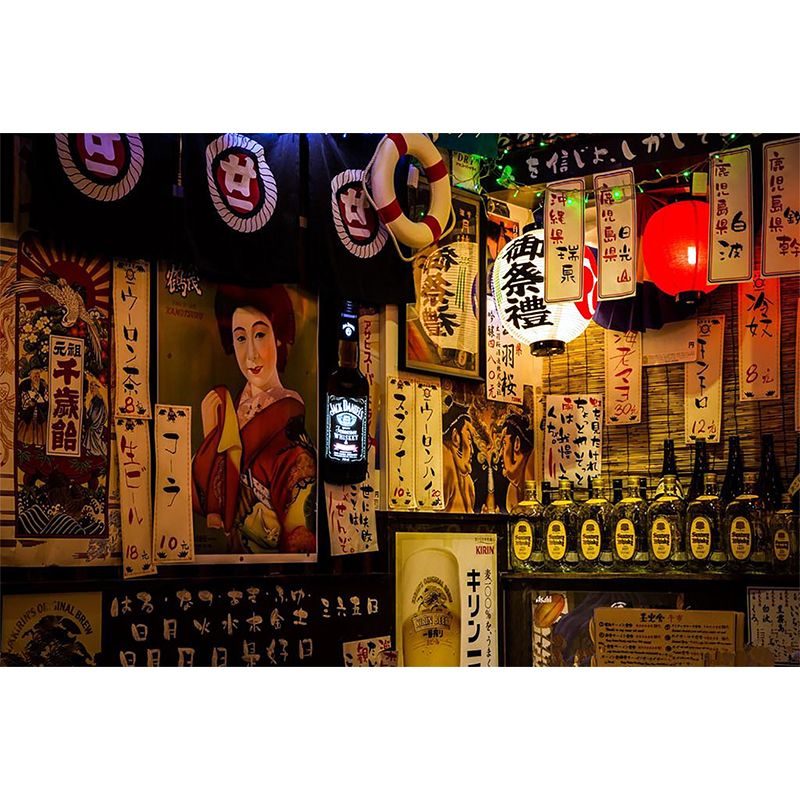 Japanese Poster Mural Wallpaper in Red and Brown, Oriental Wall Covering for Restaurant