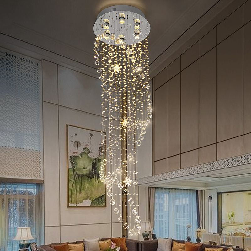 Crystal Silver LED Cluster Pendant Light Waterfall 6 Heads Modern Ceiling Suspension Lamp